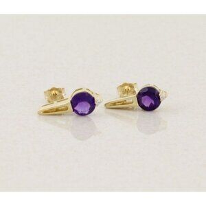 14k Yellow Gold Natural Amethyst & Diamond Earrings Stud Post